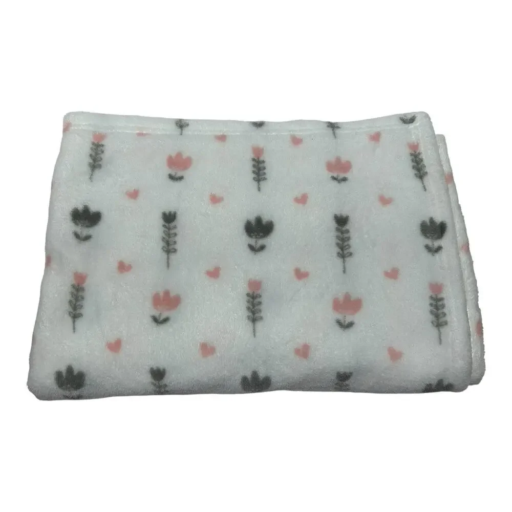 Forever Baby White Pink Gray Floral Print Baby Blanket Soft Fleece
